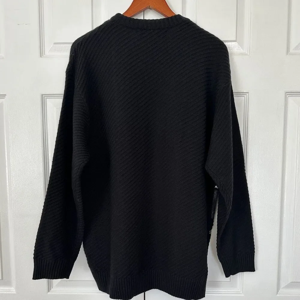 Vintage Sweater 80’s Geometric Wool & Leather Patchwork Grandpa Sweater Size L